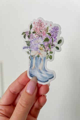 Floral Rain-boots Sticker with Bow in Blue