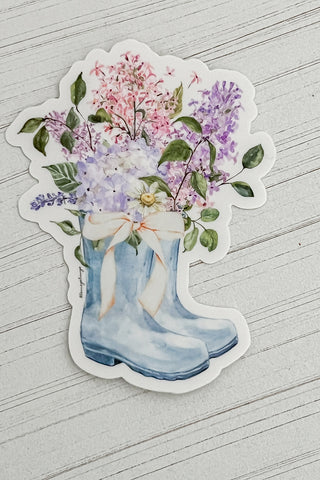 Floral Rain-boots Sticker with Bow in Blue