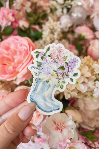 Floral Rain-boots Sticker with Bow in Blue