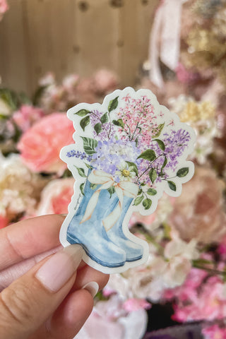 Floral Rain-boots Sticker with Bow in Blue